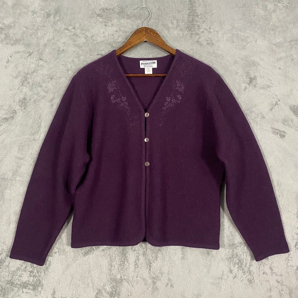 Pendleton Cardigan XL Purple Virgin Wool Floral Embroidered V-Neck Cottagecore